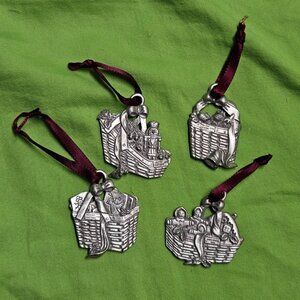 Longaberger 1990s Pewter Holiday Basket Ornaments Christmas Collection Lot of 4